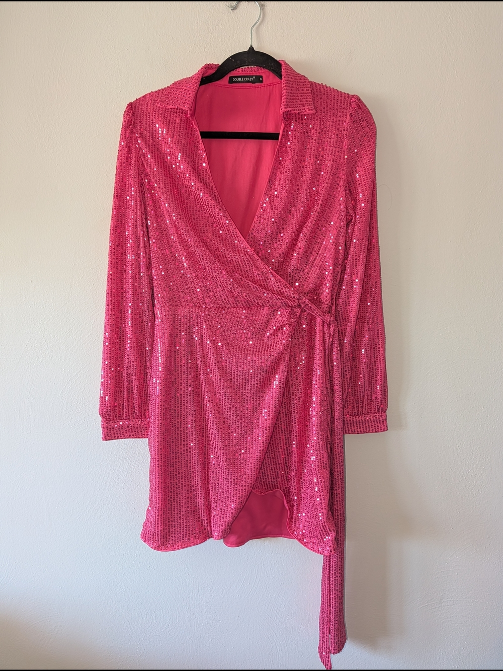 M Double Crazy Pink Sequin Wrap Dress